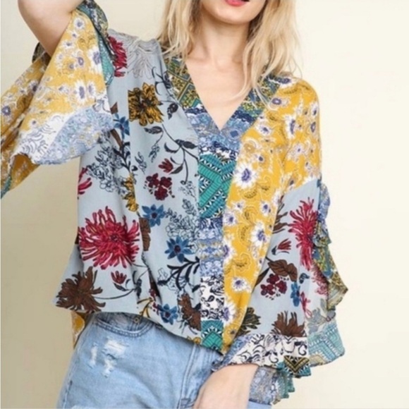 Umgee Floral Print Sage Mixed Patchwork Boho Top - Picture 1 of 16